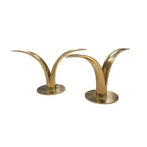 Mid Century Modern Brass Lily Candle Holders Pair Abstract Sculptural Flame